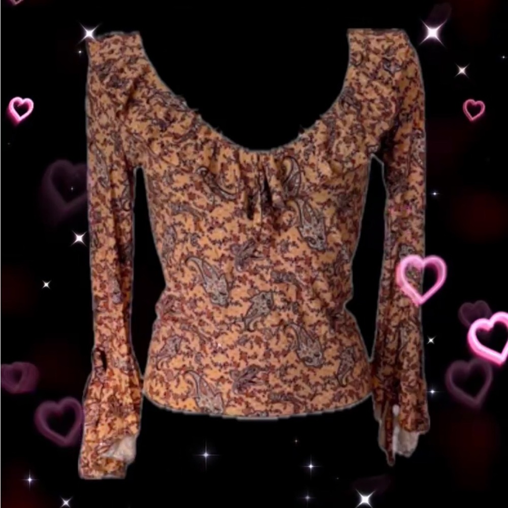 Vintage Floral Paisley Scoop Neck Long Sleeve Blouse in Mustard and Brown